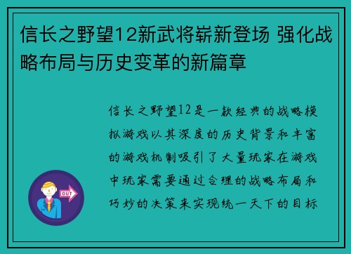 信长之野望12新武将崭新登场 强化战略布局与历史变革的新篇章
